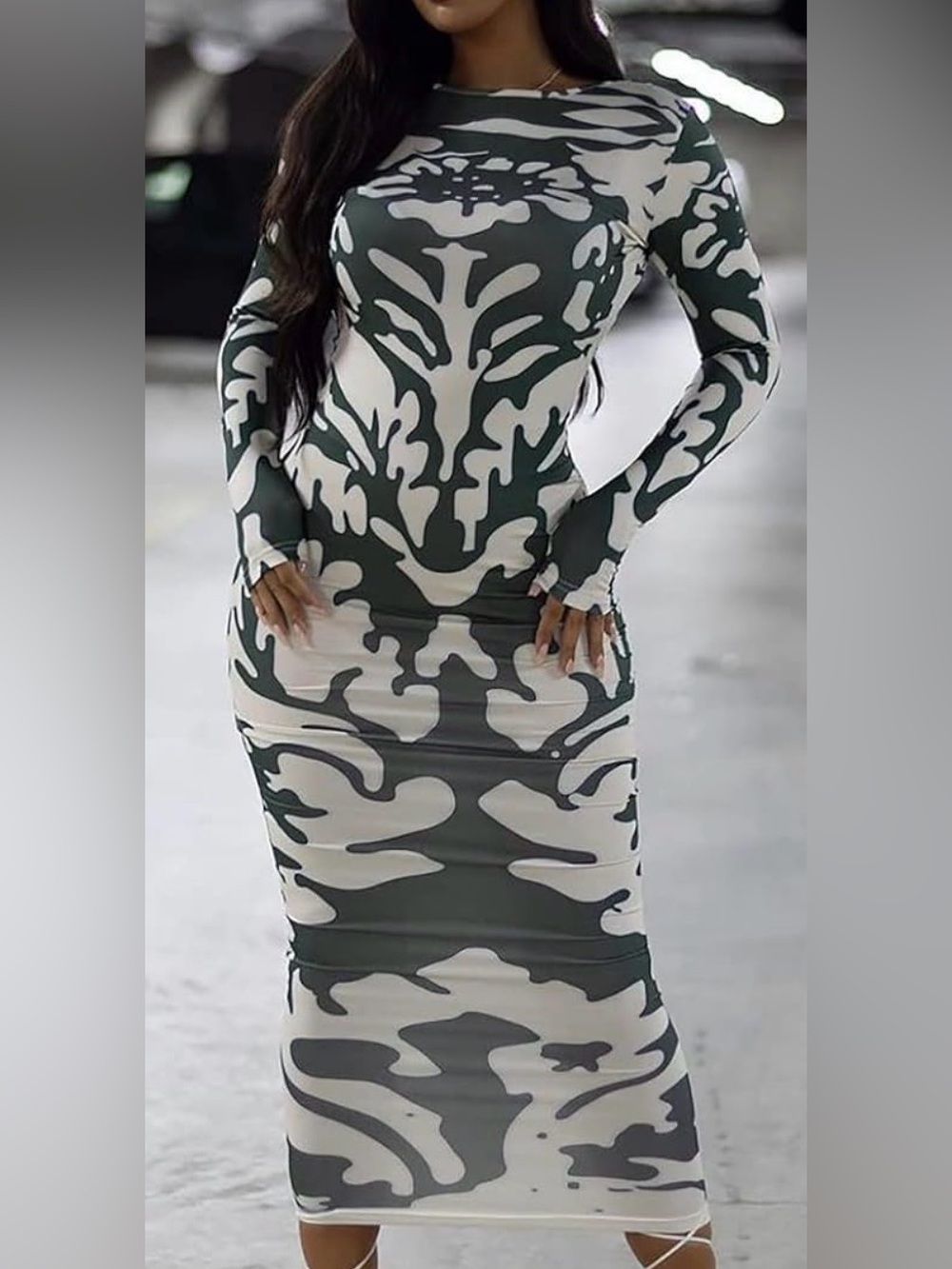 SHEIN Grey and Off White Long Sleeve Bodycon Printed Dress
